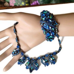 Vintage Signed Weiss Blue Rhinestone Necklace & Hinged Cuff Bracelet Jew…